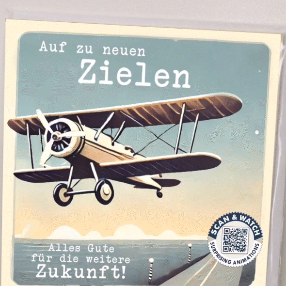 animierte Grußkarte. Zeigt Animation einer Video-Grußkarte. Ein Flugzeug fliegt aus der Karte und sagt "Auf zu neuen Zielen" und am Ende blendet der Text "Alles Gute" ein.