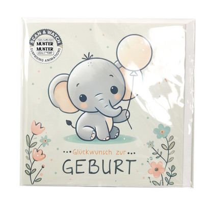 Geburt Baby Elefant | animierte Grußkarte quadratisch 15x15cm | Klappkarte inkl. Umschlag (Kopie)